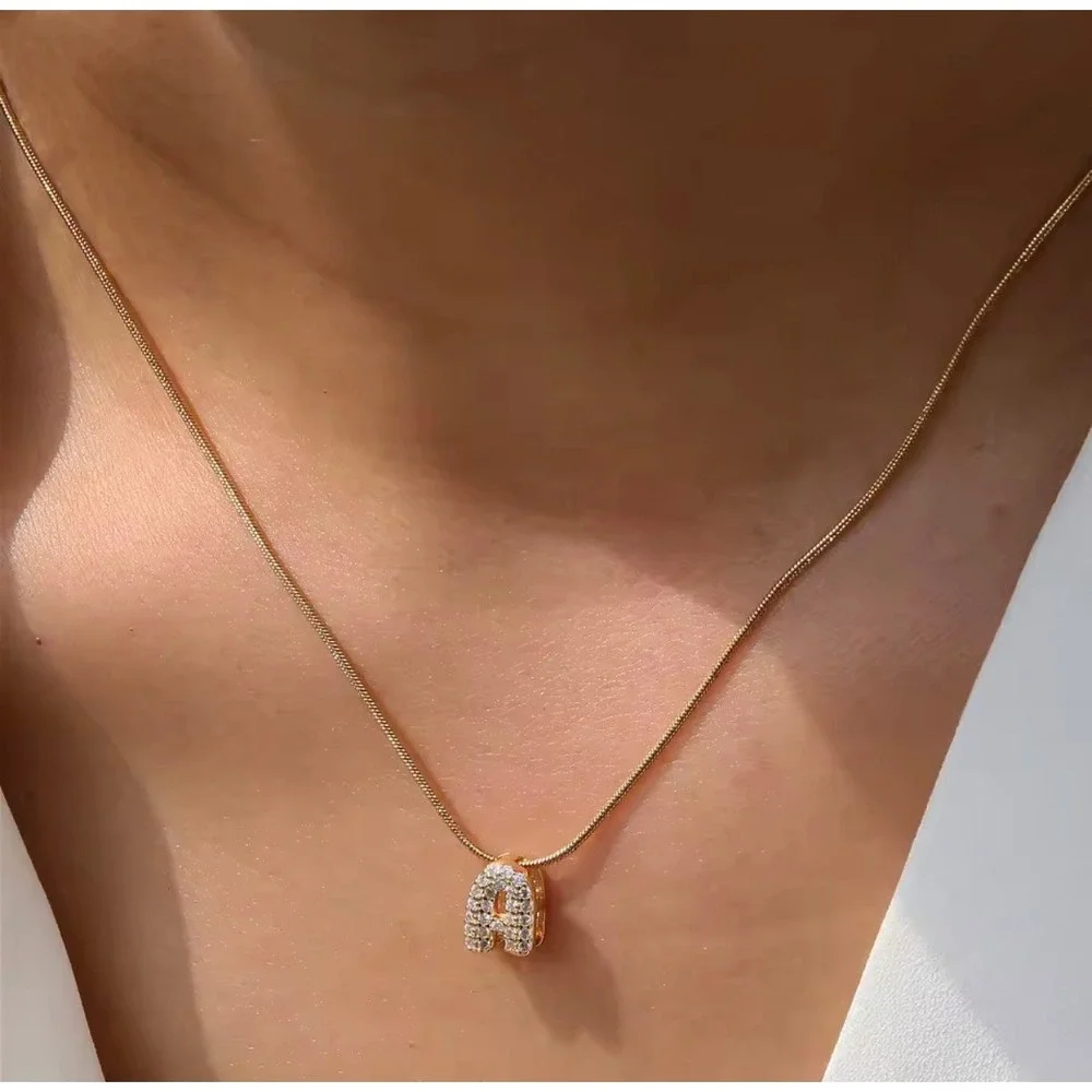 18k Gold Plated Bubble‎ A Initial Necklace Pave Cubic Zirconia Snake Chain